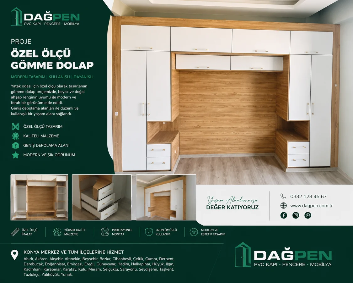 Konya Özel Ölçü Gömme Dolap ve Yatak Odası Dolabı Projesi | Dağpen galeri görseli